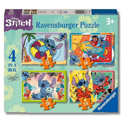 Disney Stitch 4-in-1 Puzzle with colorful illustrations of Stitch in fun adventures and tender moments