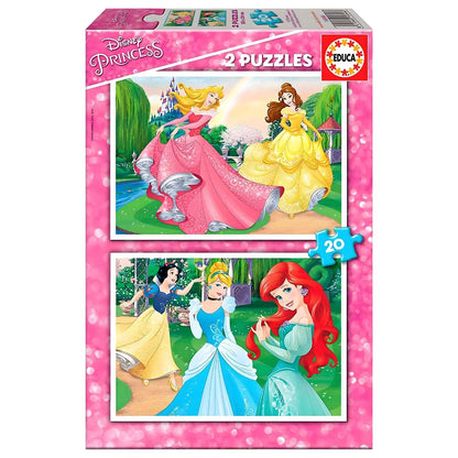 Disney Princesses 2 x 20 piece Puzzle with colorful illustrations of Disney princesses in an enchanted garden scene