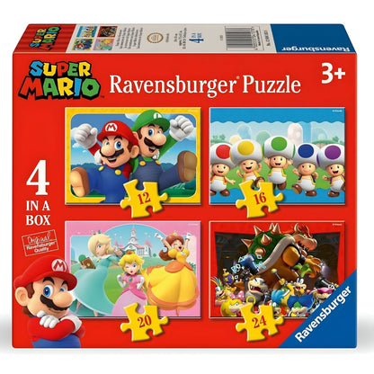 Super Mario 4-in-1 Ravensburger Puzzle with images of Mario, Luigi, Toads, Peach, Daisy, and Bowser