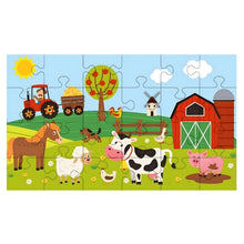 Puzzle Animais na Quinta com 24 peças com vaca, cavalo, porco, ovelha, tractor e celeiro