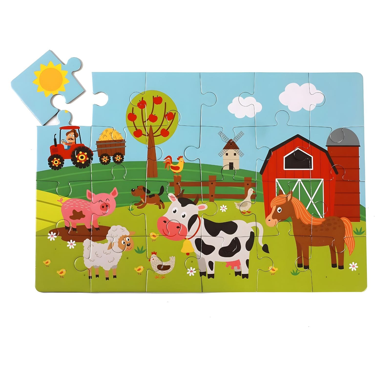 Puzzle Animais na Quinta com 24 peças com vaca, cavalo, porco, ovelha, tractor e celeiro