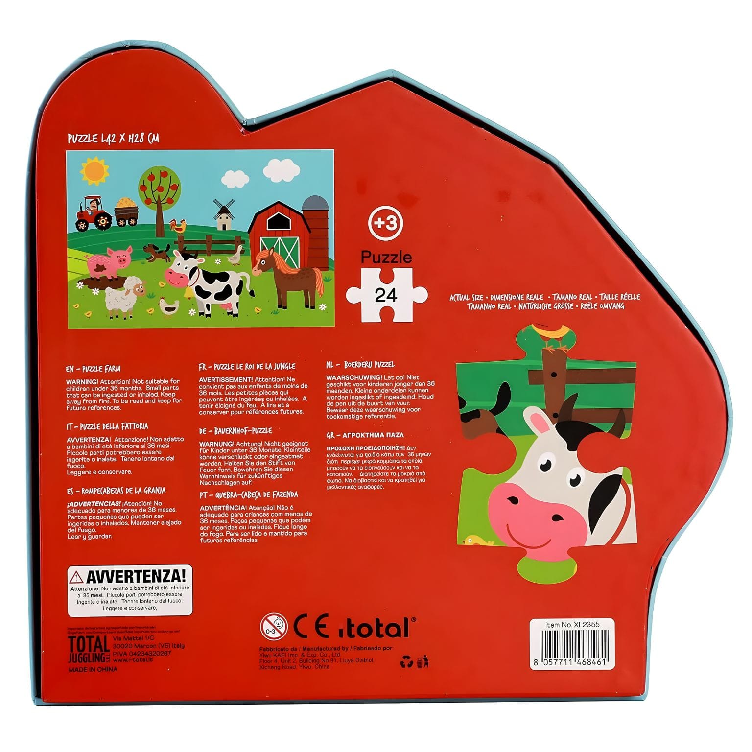 Puzzle Animais na Quinta com 24 peças com vaca, cavalo, porco, ovelha, tractor e celeiro