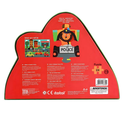I-Total Animals on Wheels puzzle with giraffe in a red car and urban scene with animals in vehicles