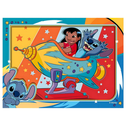 Disney Stitch 4-in-1 Puzzle with colorful illustrations of Stitch in fun adventures and tender moments
