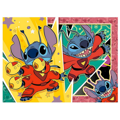 Disney Stitch 4-in-1 Puzzle with colorful illustrations of Stitch in fun adventures and tender moments