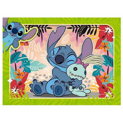 Disney Stitch 4-in-1 Puzzle with colorful illustrations of Stitch in fun adventures and tender moments