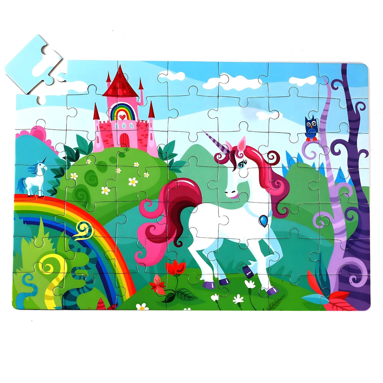 Puzzle infantil I-Total com unicórnio branco, arco-íris e castelo cor-de-rosa