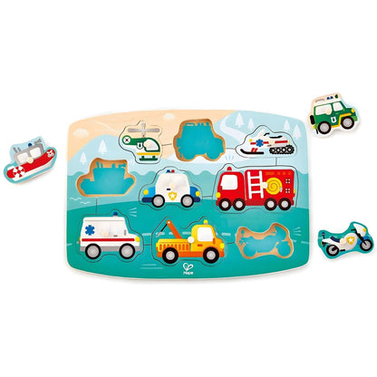 Hape Emergency Vehicles Peg Puzzle with ambulance, firefighters, police, and helicopter