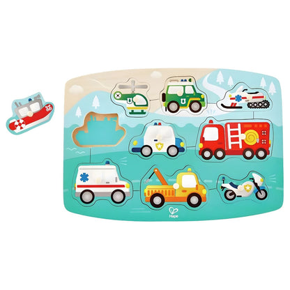 Hape Emergency Vehicles Peg Puzzle with ambulance, firefighters, police, and helicopter