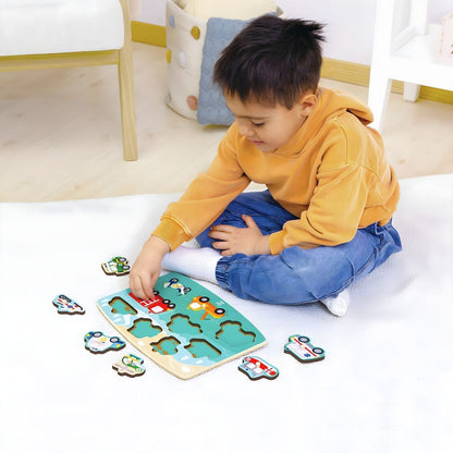 Hape Emergency Vehicles Peg Puzzle with ambulance, firefighters, police, and helicopter