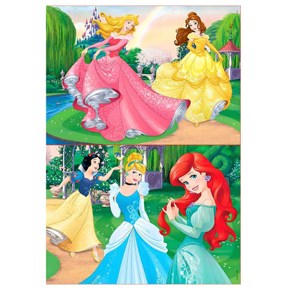 Disney Princesses 2 x 20 piece Puzzle with colorful illustrations of Disney princesses in an enchanted garden scene