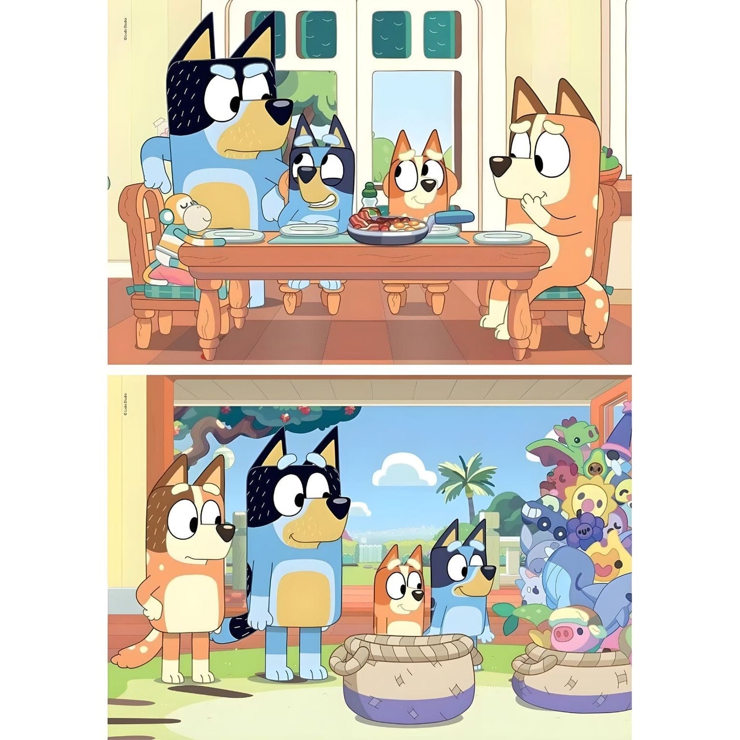 Puzzle Super Color da Bluey com duas cenas da família Bluey e personagens à mesa e junto aos brinquedos