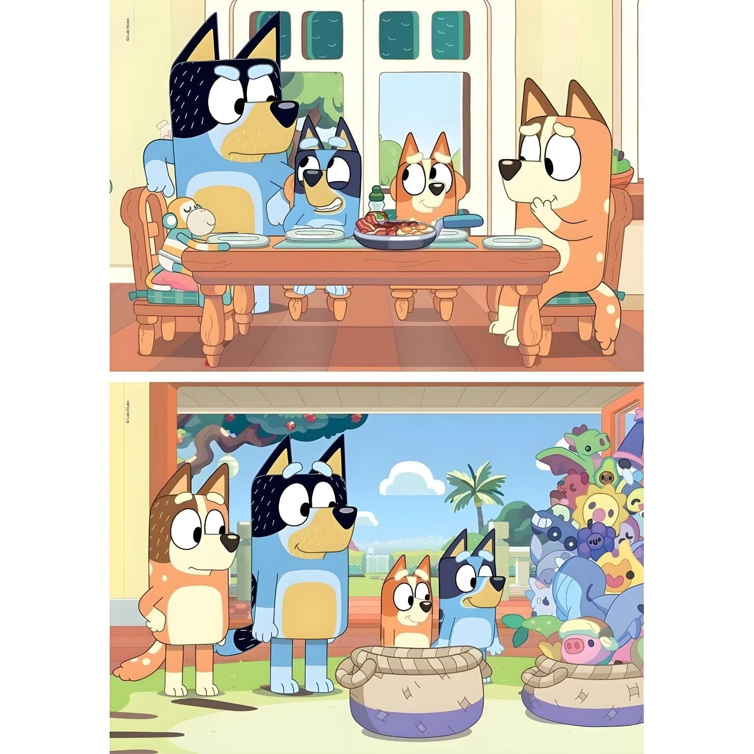 Puzzle Super Color da Bluey com duas cenas da família Bluey e personagens à mesa e junto aos brinquedos