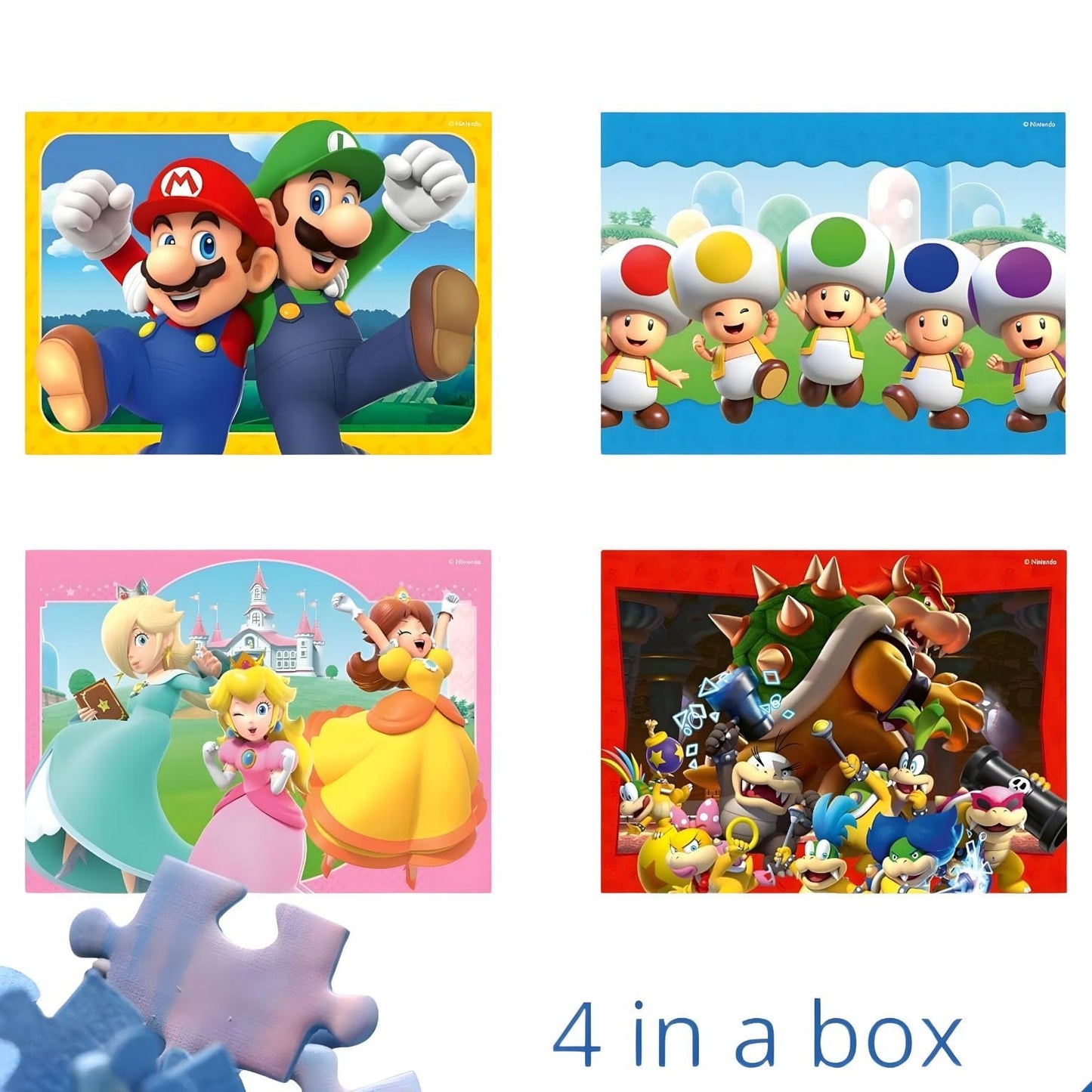 Puzzle Super Mario 4 em 1 Ravensburger com imagens de Mario, Luigi, Toads, Peach, Daisy e Bowser