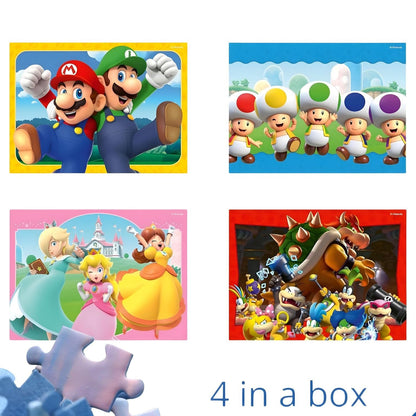 Super Mario 4-in-1 Ravensburger Puzzle with images of Mario, Luigi, Toads, Peach, Daisy, and Bowser