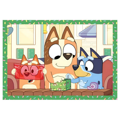 Pieces and illustrations of the Bluey 4-in-1 Puzzle for children