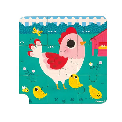 Children's wooden puzzle with hen theme and interlocking pieces