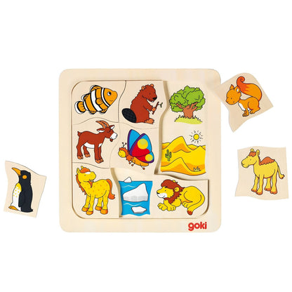 Goki wooden puzzle Where I Live with animals and habitats for child association
