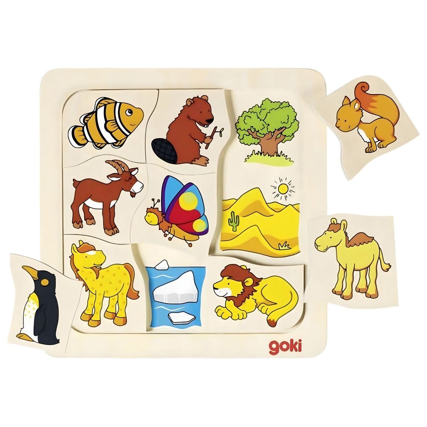 Puzzle madeira Onde vivo da Goki com animais e habitats para associação infantil