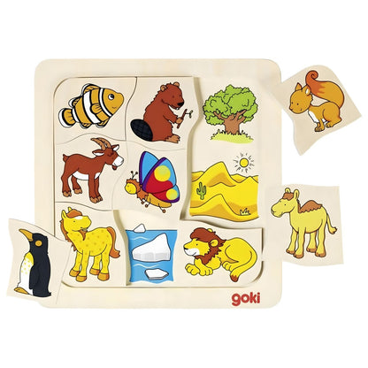 Goki wooden puzzle Where I Live with animals and habitats for child association