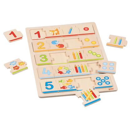 Puzzle Aprende a Contar em madeira, com peças de encaixe para associar números e quantidades