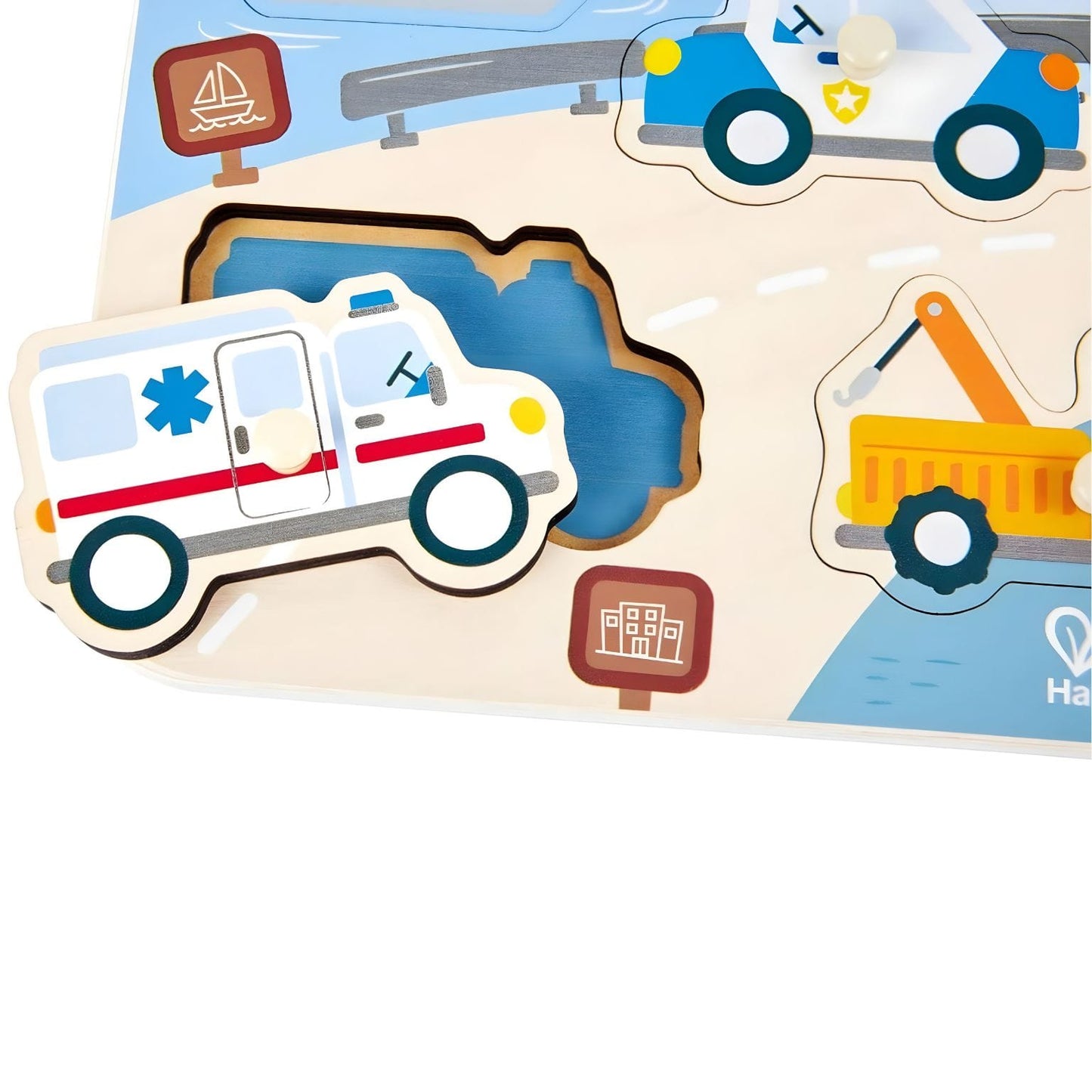 Puzzle de pegas Hape com ambulância bombeiros e veículos de socorro