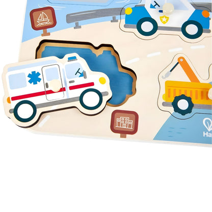 Hape knob puzzle with ambulance, firefighters and rescue vehicles