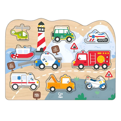 Hape puzzle with emergency vehicles and knobbed pieces