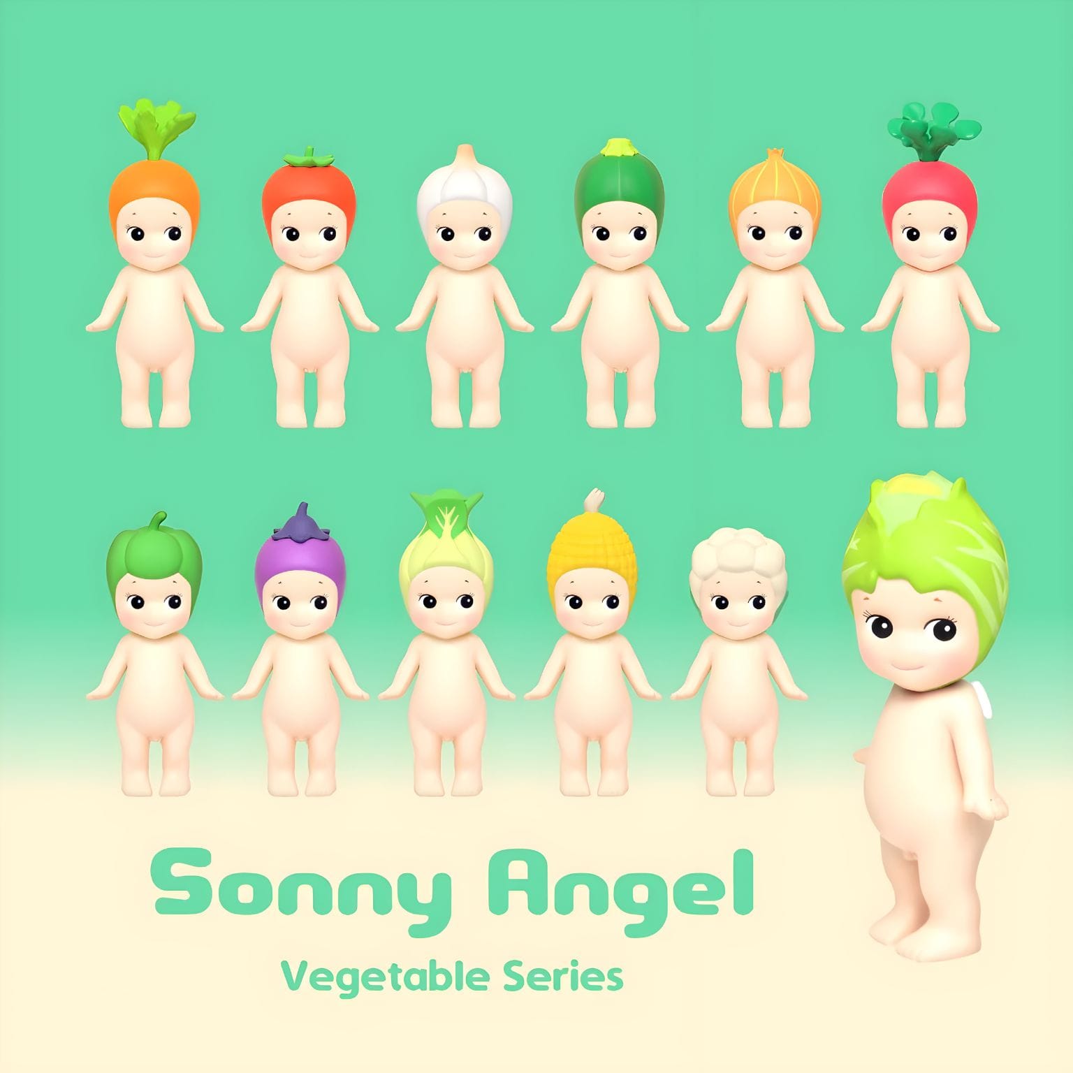 Mini figuras Sonny Angel série Vegetais com chapéus de legumes coloridos e expressão delicada