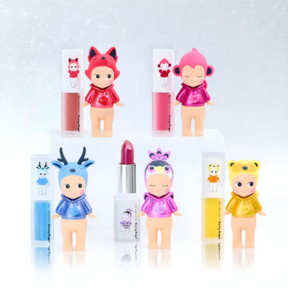 Promotional image of Sonny Angel x shu uemura Makeup Angel Series in pink and purple tones