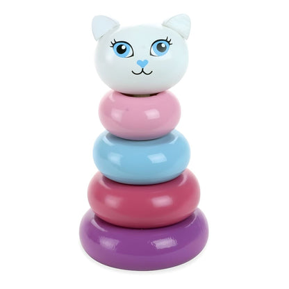 Kitty Cat stacking tower by Vilac with pink, blue, and purple rings and a white cat head