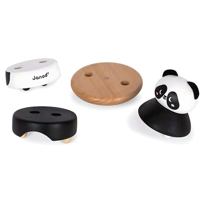 Janod Panda wooden stacking tower in black and white on a round base
