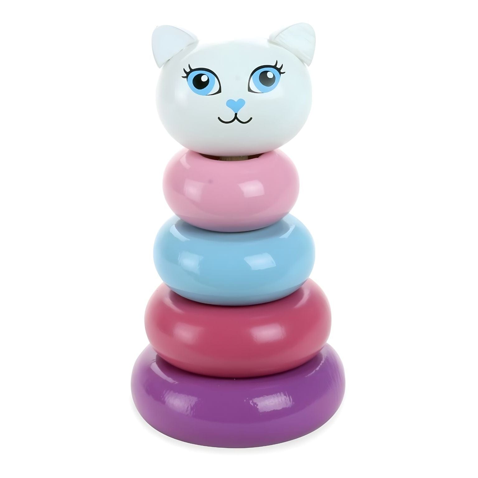 Torre de empilhar Gata Kitty da Vilac com argolas rosa, azul e lilás e cabeça de gata branca