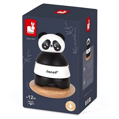 Janod Panda wooden stacking tower in black and white on a round base