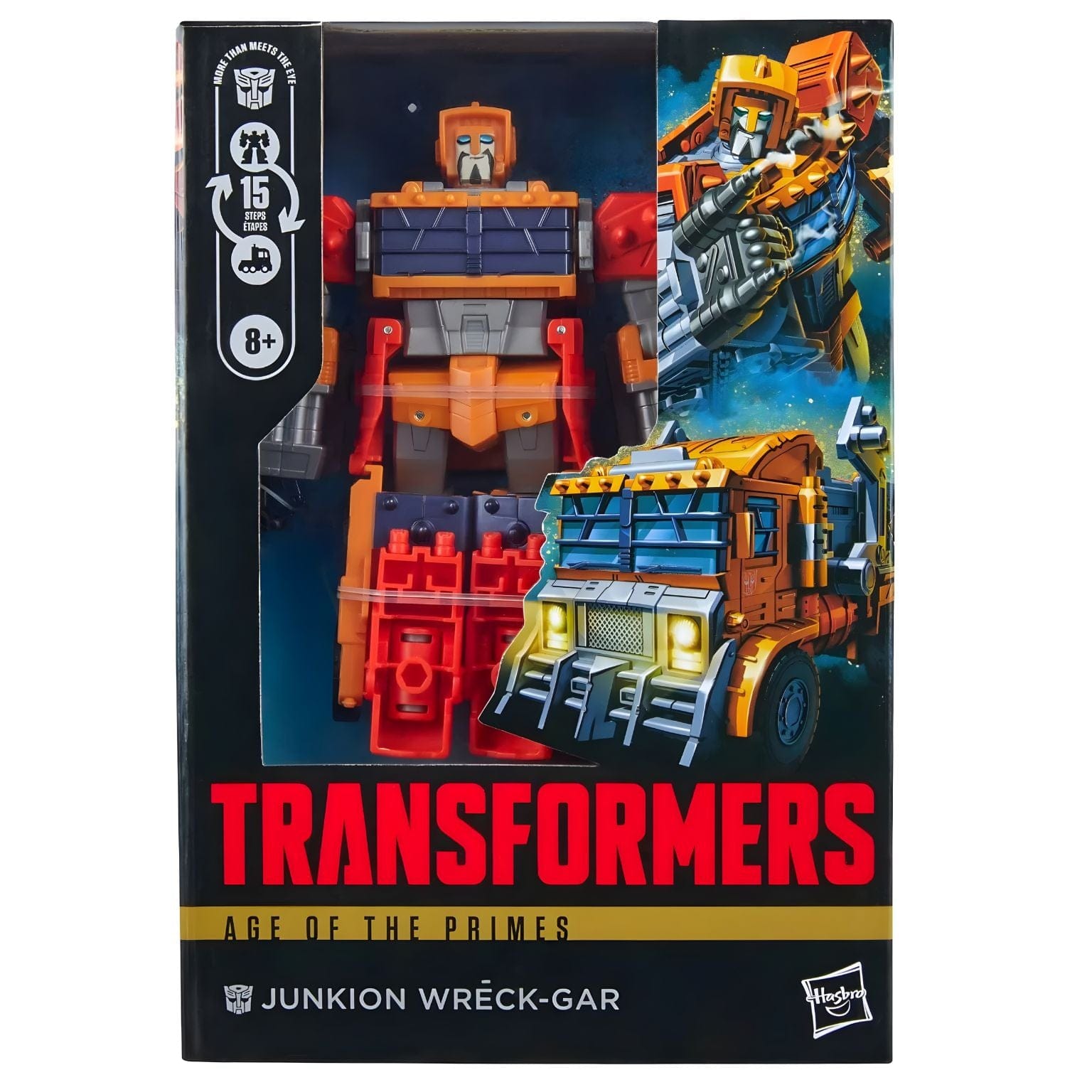 transformers Age of the Primes - Junkion Wreck-Gar em modo camião e robô nas cores laranja e vermelho