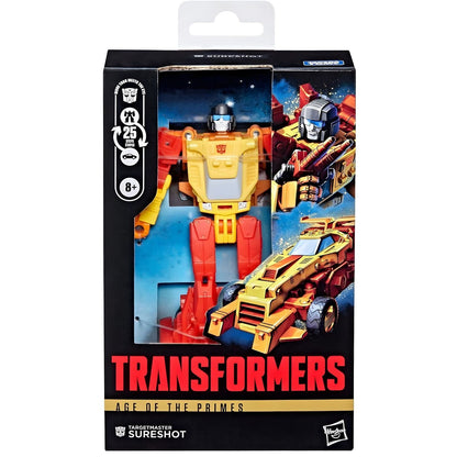 Transformers Age of the Primes Sureshot in robot and vehicle mode with red, yellow, and orange colors
