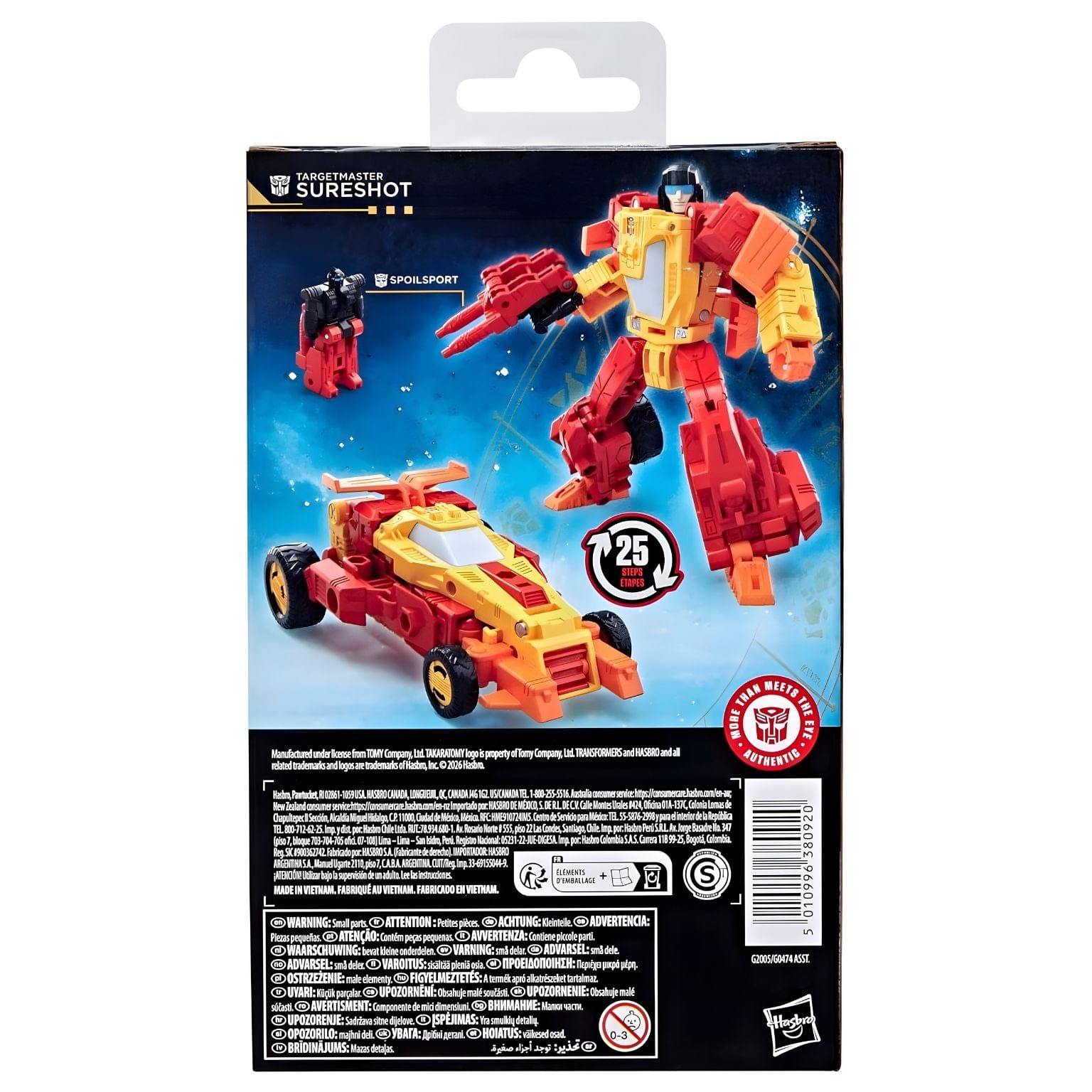 Transformers Age of the Primes Sureshot em modo robot e veículo com cores vermelha, amarela e laranja