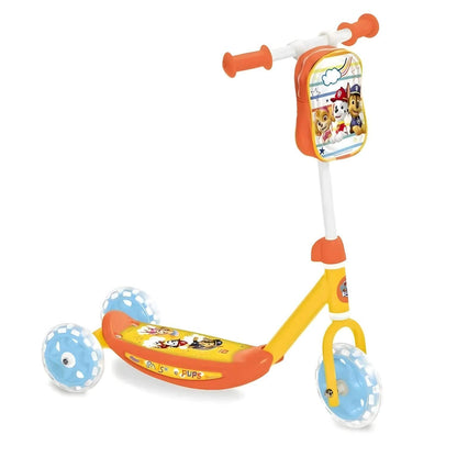 Mondo Paw Patrol 3-wheel scooter in orange, yellow, and blue with characters