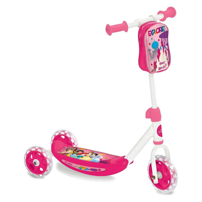 Pink Disney Princess 3-wheel scooter with princess illustrations and white handlebars