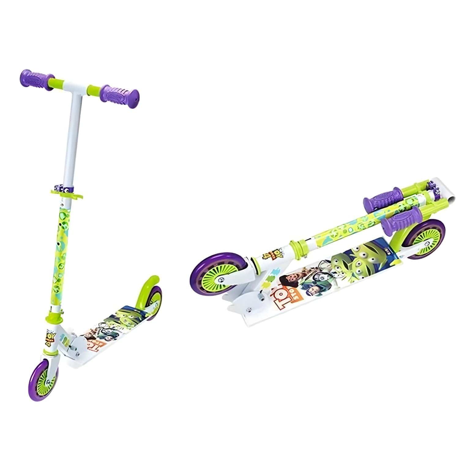 Trotinete 2 rodas Toy Story Smoby com ilustrações Toy Story e cores verde e roxo
