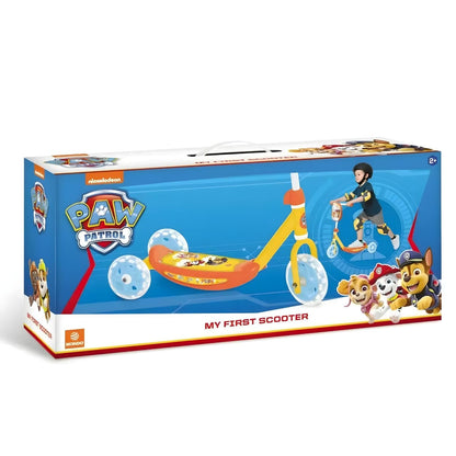 Mondo Paw Patrol 3-wheel scooter in orange, yellow, and blue with characters