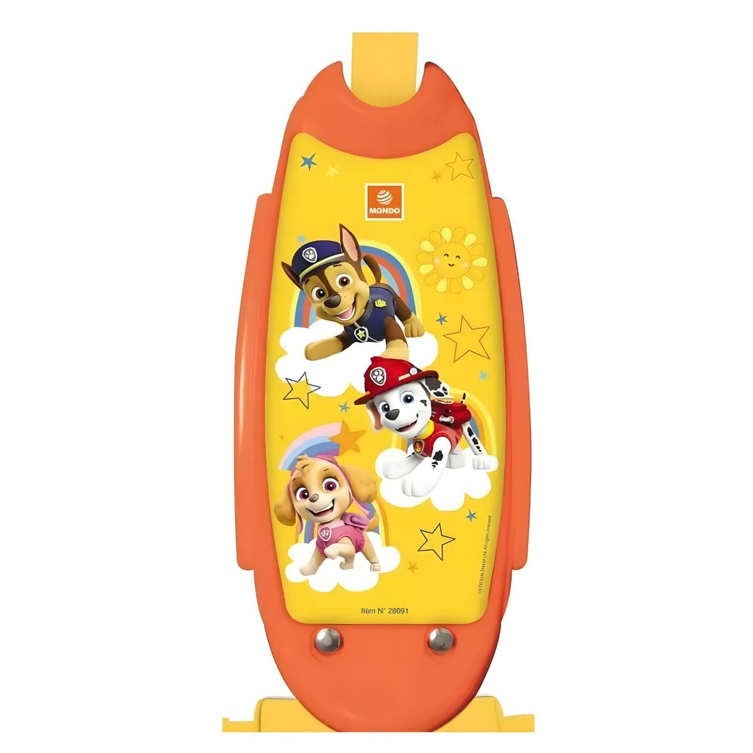 Trotinete 3 rodas Patrulha Pata Mondo cores laranja amarelo azul com personagens