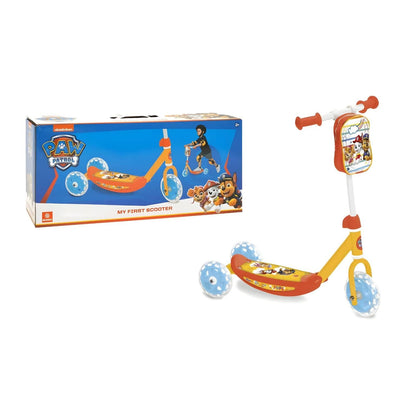 Mondo Paw Patrol 3-wheel scooter in orange, yellow, and blue with characters
