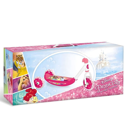 Pink Disney Princess 3-wheel scooter with princess illustrations and white handlebars