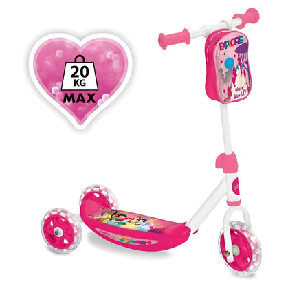 Pink Disney Princess 3-wheel scooter with princess illustrations and white handlebars