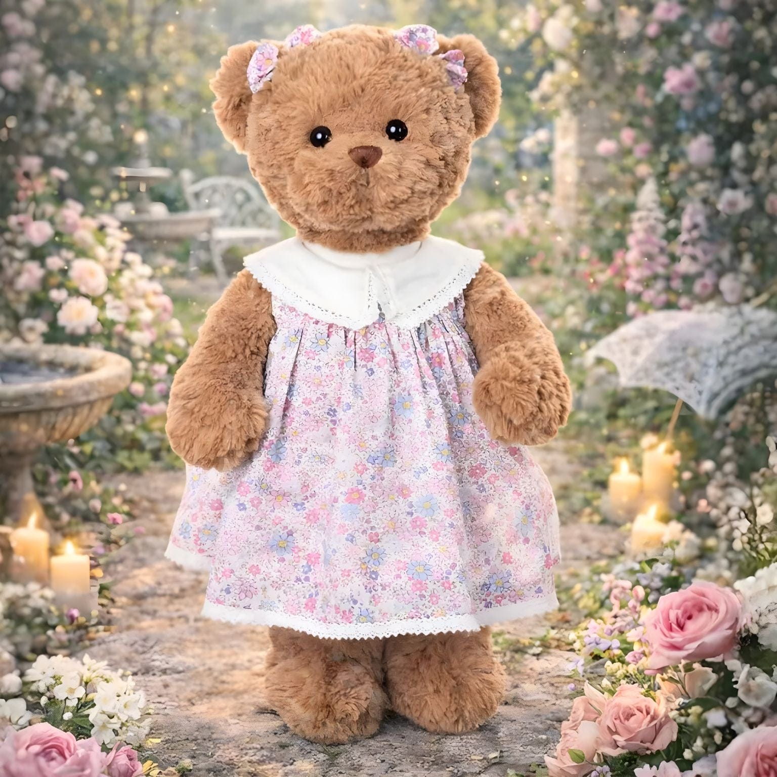 Urso de Peluche Carole com vestido floral e laços nas orelhas