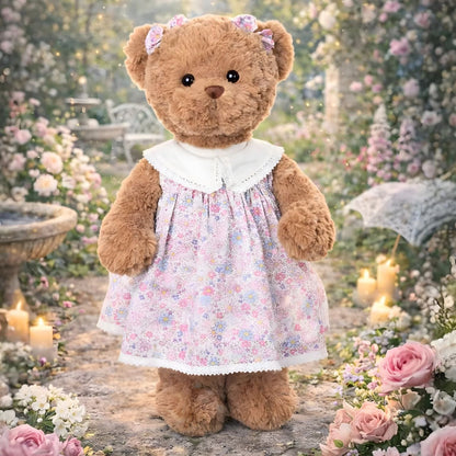 Carole Teddy Bear with floral dress and bows on ears