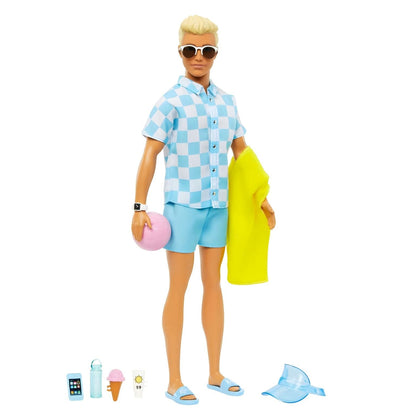 Boneco Ken Dia de Praia com camisa de xadrez azul e toalha amarela