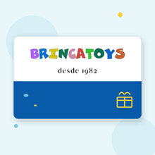 Cartão-oferta Brincatoys com logótipo oficial, laço amarelo e fundo azul claro