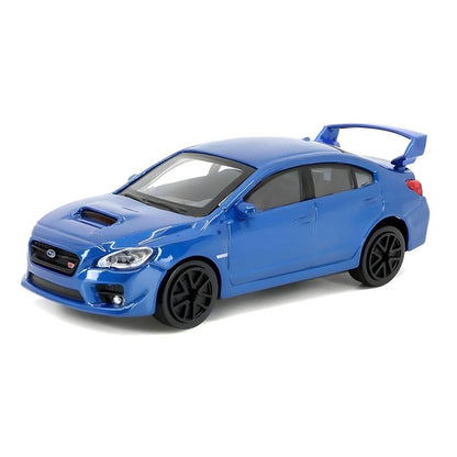 Miniatura Subaru WRX azul com aileron traseiro e jantes pretas, em vista de frente e lateral